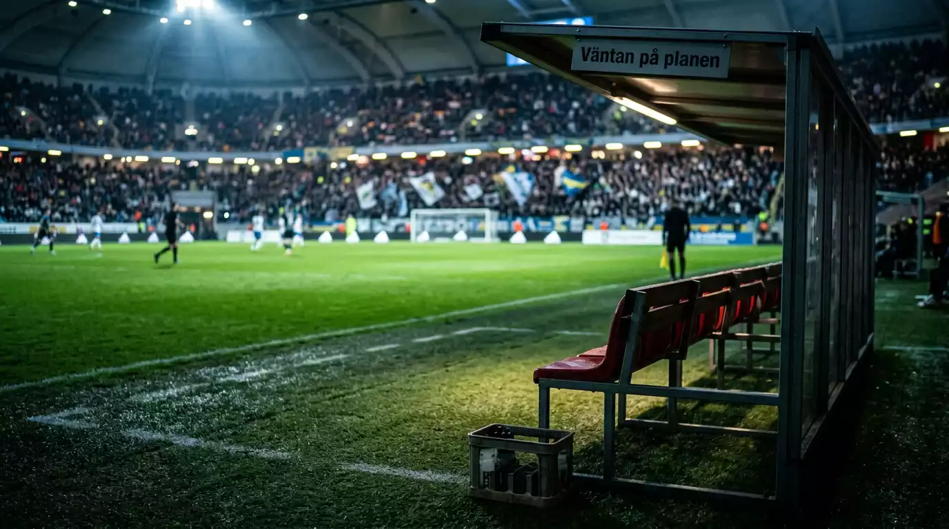 Tom bänk vid sidlinjen på en VM-arena som symboliserar beslutet att starta eller bänka