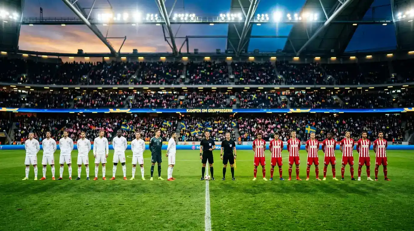 Närbild av en VM-boll på mittpunkten inför avspark i en fullsatt arena