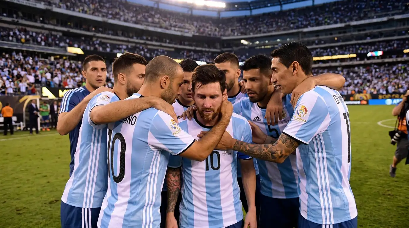 Messi efter finalförlust, omgiven av lagkamrater, synlig besvikelse men värdighet