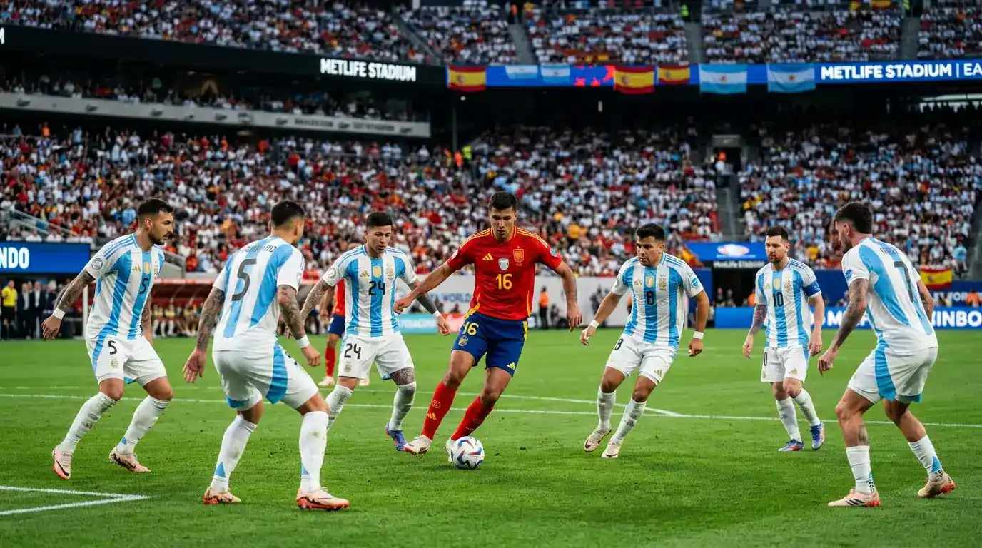 Rodri dirigerar Spaniens mittfält under VM-finalen 2026, omgiven av argentinska spelare