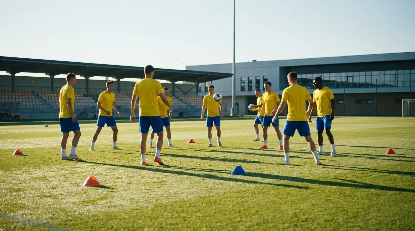Svenska landslagsspelare i gula tröjor under en träning på grönt gräs inför VM 2026