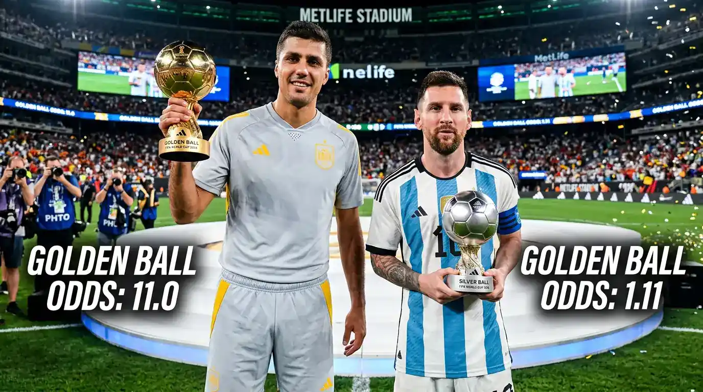 Rodri tar emot Guldbal medan Messi står bredvid med Silverbal, visuell kontrast av förväntning vs resultat