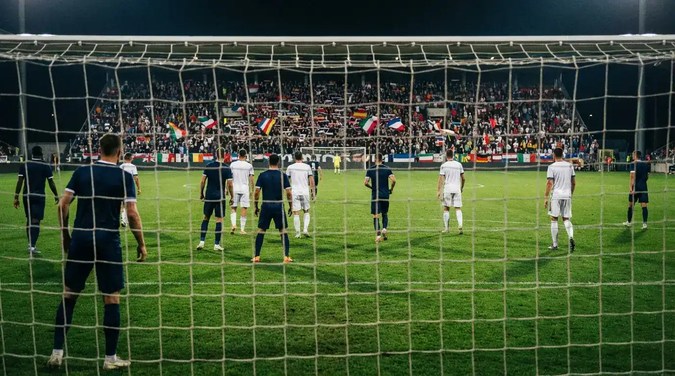 Två fotbollslag som ställer upp inför en VM-gruppspelsmatch på en fullsatt arena