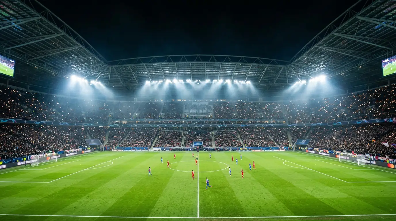 Kvällsmatch på en stor fotbollsarena med strålkastare som lyser upp planen och publiken